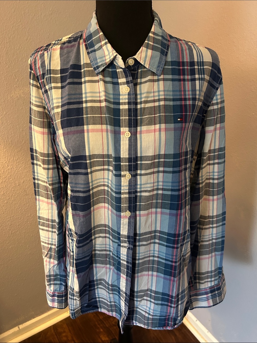 Tommy Hilfiger Women Plaid Button-Down Shirt in Blue, White & Pink Size X-Large